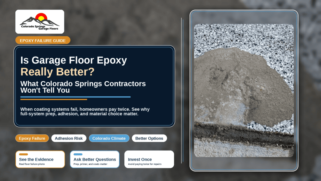 ailed garage floor epoxy coating with exposed concrete in Colorado Springs, showing why coating preparation and material choice matter.