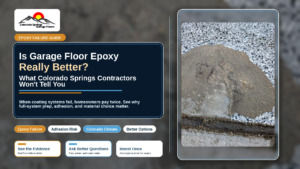 ailed garage floor epoxy coating with exposed concrete in Colorado Springs, showing why coating preparation and material choice matter.