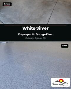 Before and after of a 3+ car garage floor in Colorado Springs finished in White Silver polyaspartic flake with Cambria pigment