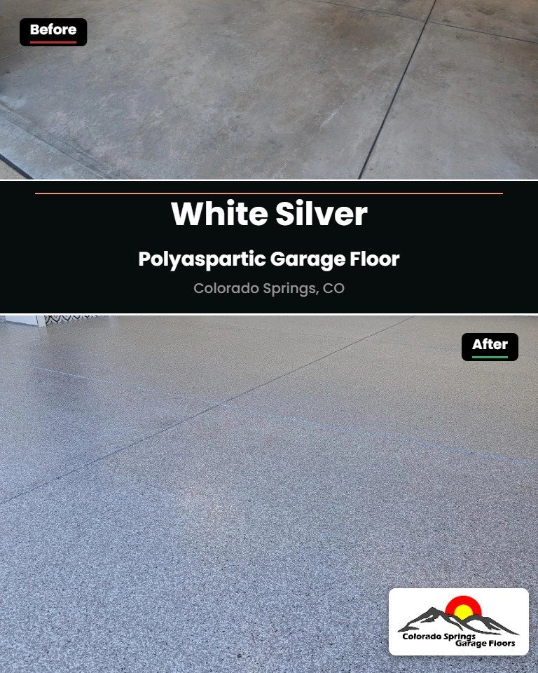 Before and after of a 3+ car garage floor in Colorado Springs finished in White Silver polyaspartic flake with Cambria pigment