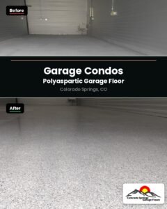 Before and after of garage condo floors in Colorado Springs finished in polyaspartic flake