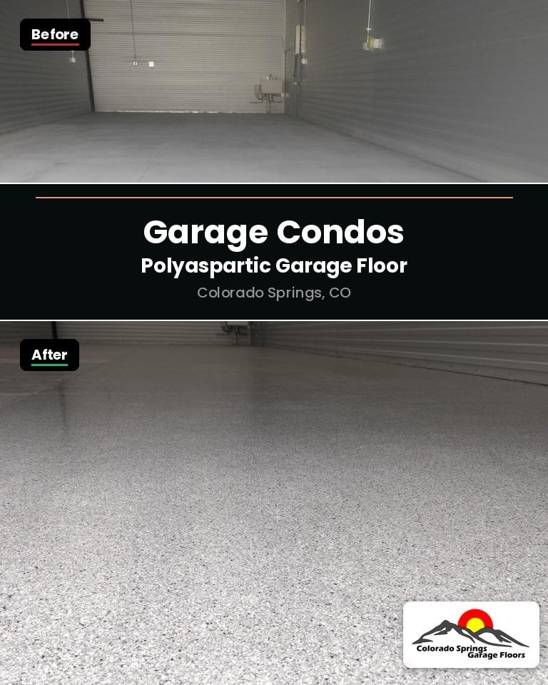 Before and after of garage condo floors in Colorado Springs finished in polyaspartic flake