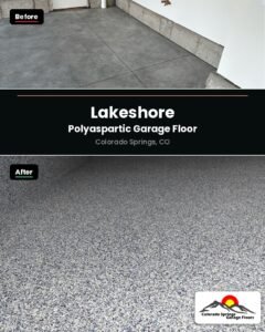 Before and after of a 3 car garage floor in Colorado Springs finished in Lakeshore polyaspartic flake