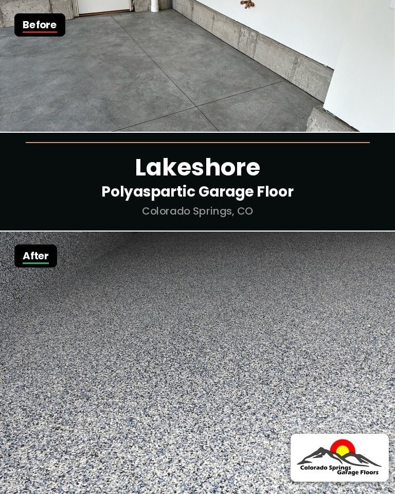 Before and after of a 3 car garage floor in Colorado Springs finished in Lakeshore polyaspartic flake